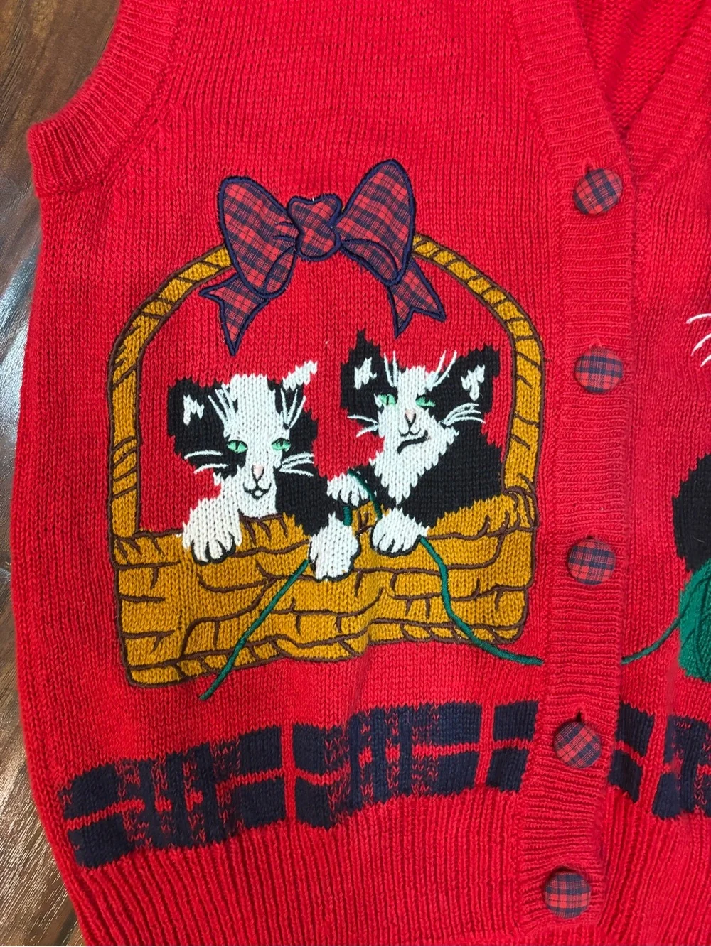 Grandma Core Adorable Red Cat Pattern Pet Lovers Knit Vest 1X